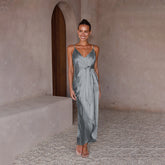 Simplee – Robe mi-longue décontractée verte à col en V et bretelles pour femme, tenue de soirée asymétrique, coupe trapèze, sans manches, collection 2021
